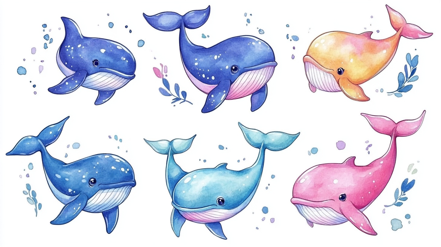 可爱水彩风卡通鲸鱼集合