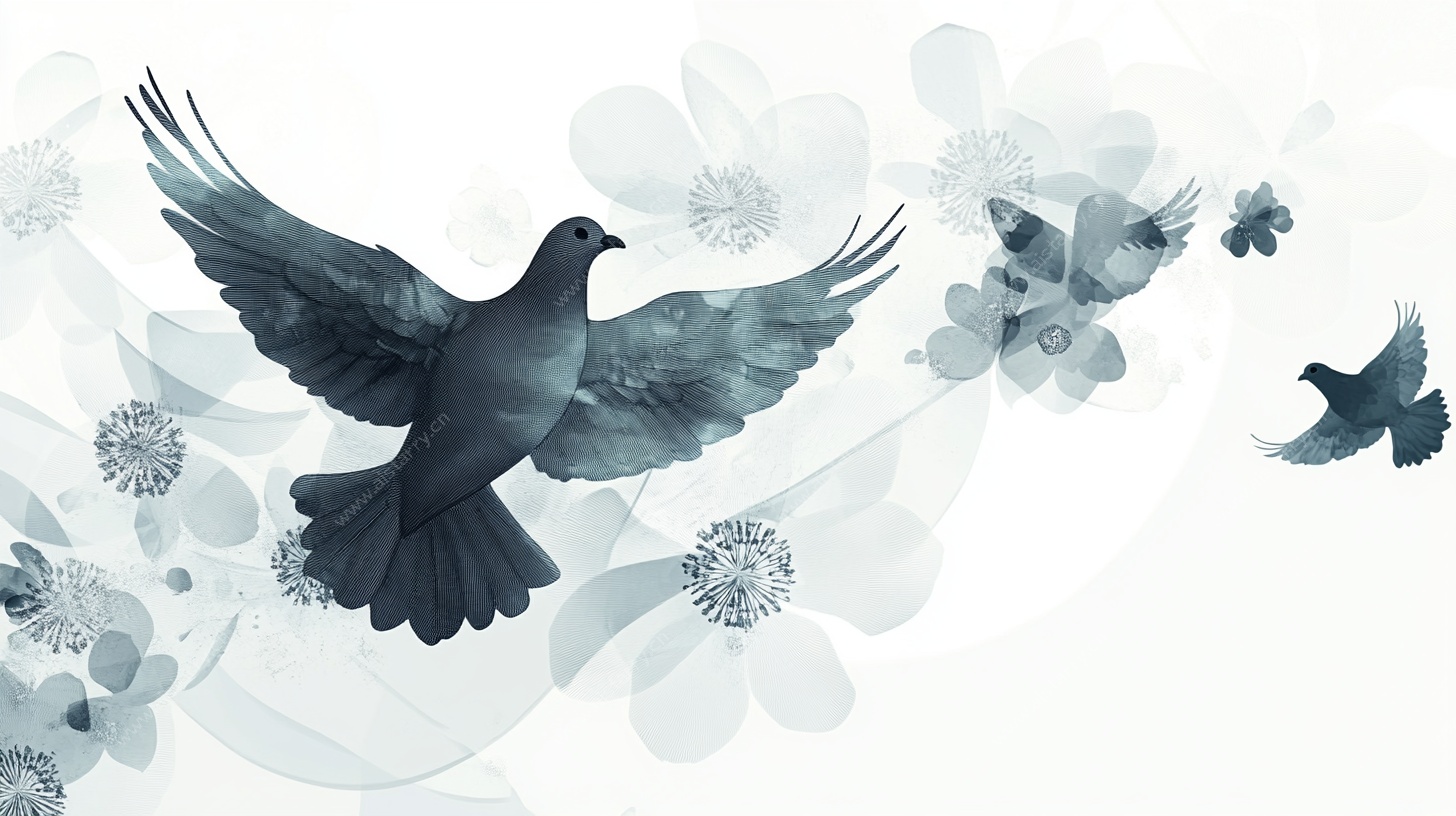 水墨飞鸟与繁花之景