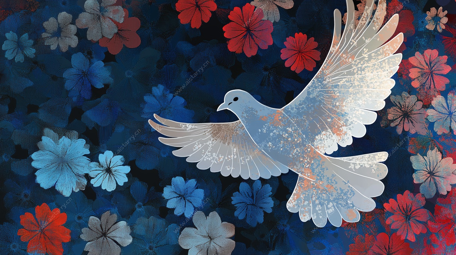 飞翔白鸽与繁花背景图