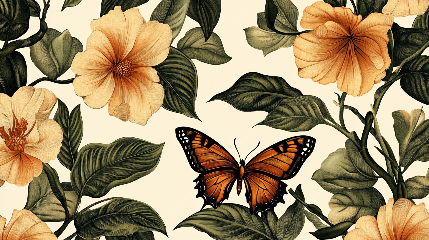 蝴蝶栖于花卉间的图案