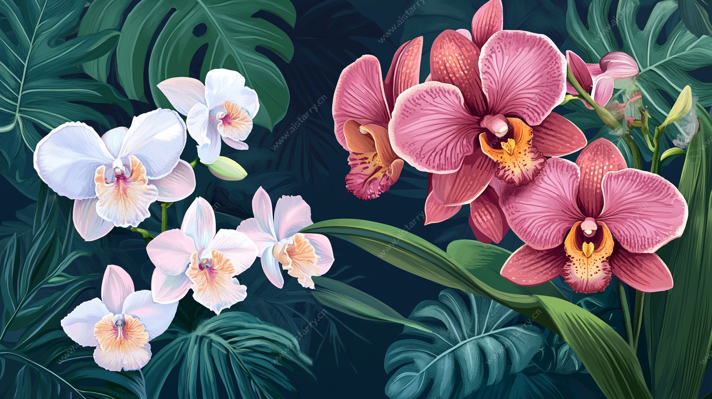 多彩兰花的热带风情画面