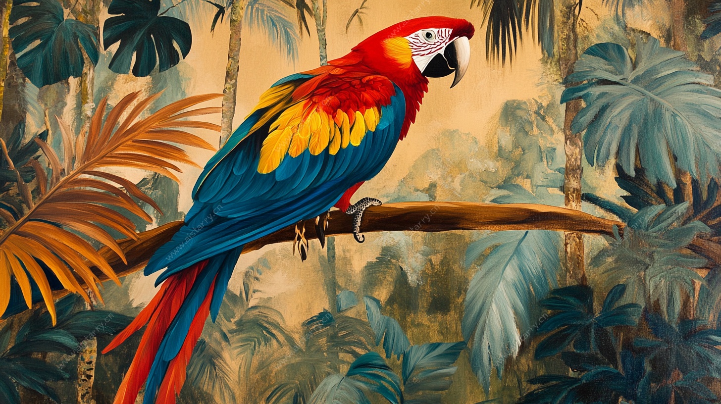 多彩鹦鹉栖于热带丛林间