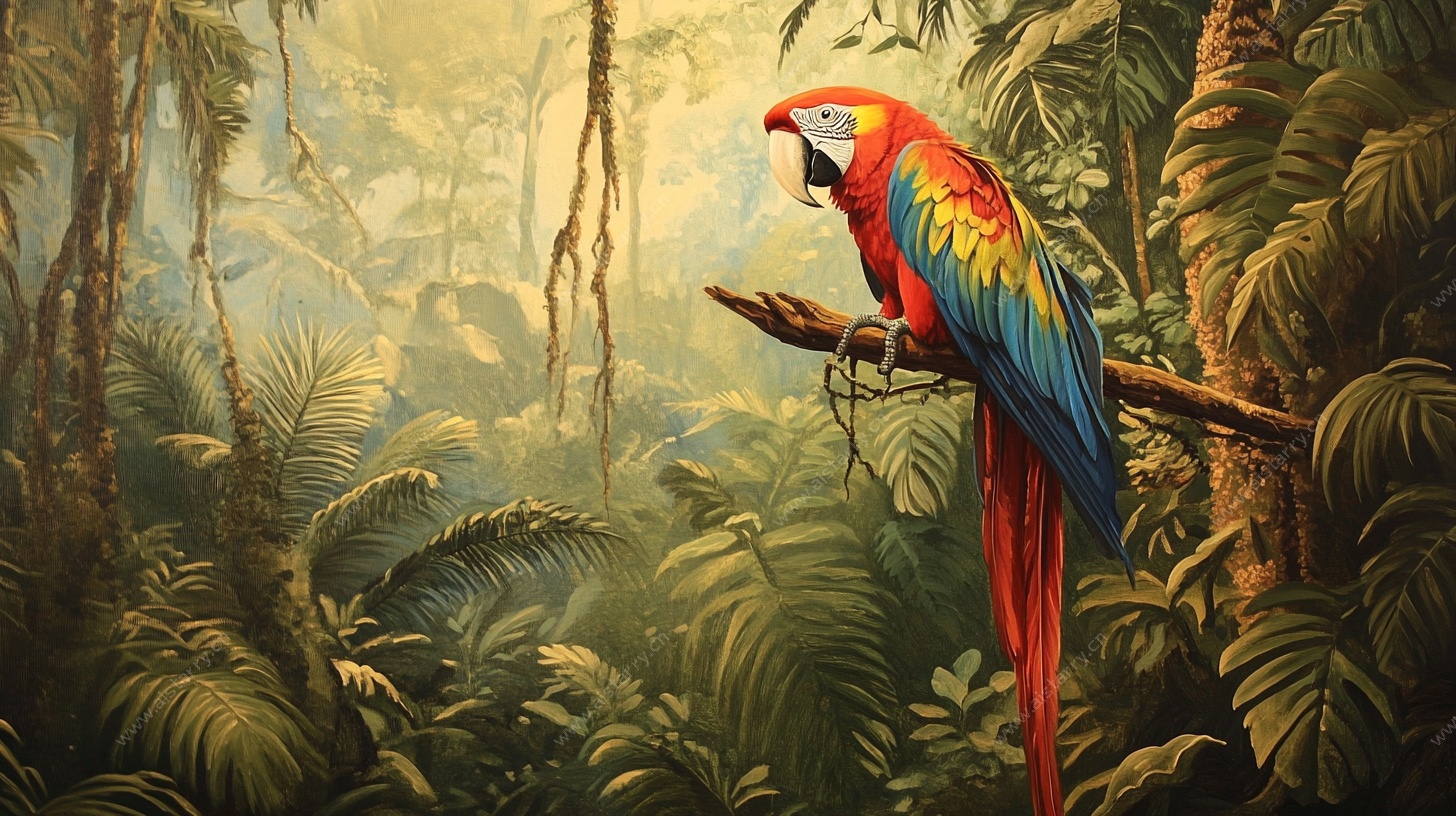 五彩鹦鹉栖于丛林枝头