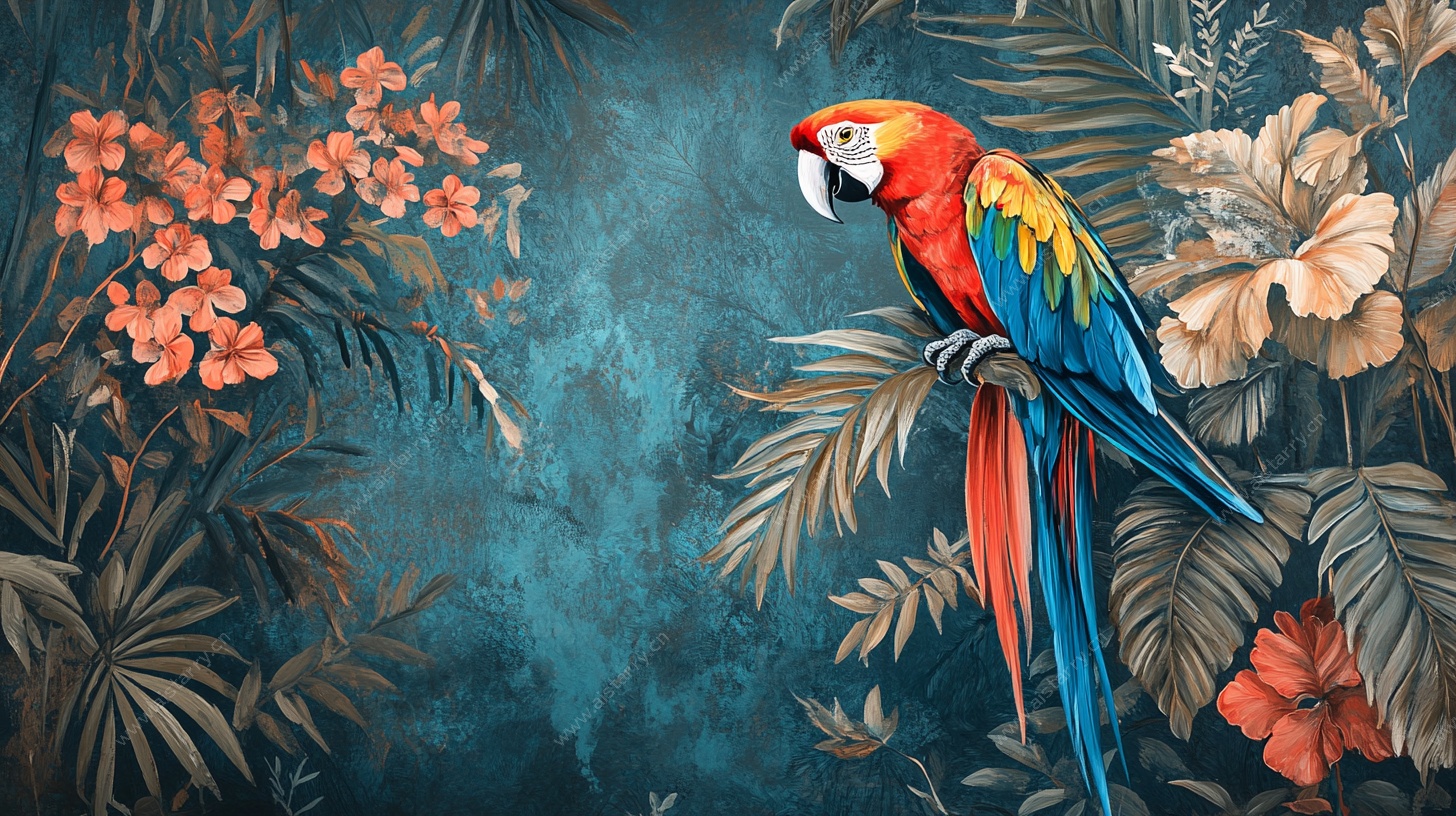 鹦鹉栖于繁花丛林间