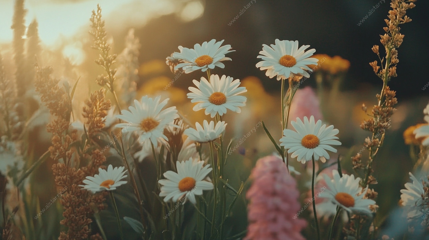 夕阳下的雏菊绽放美景