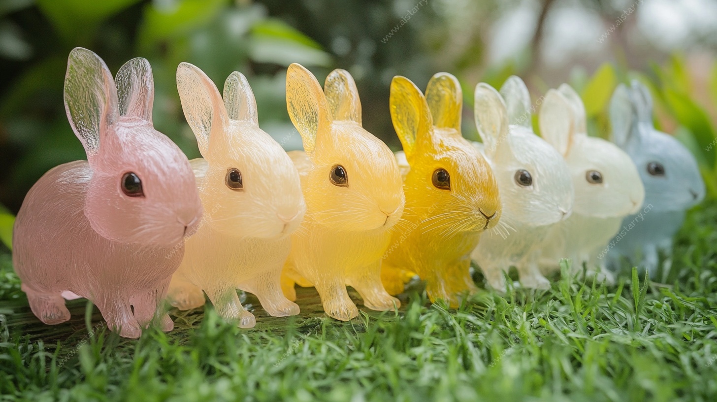 彩色透明兔子摆件在草地