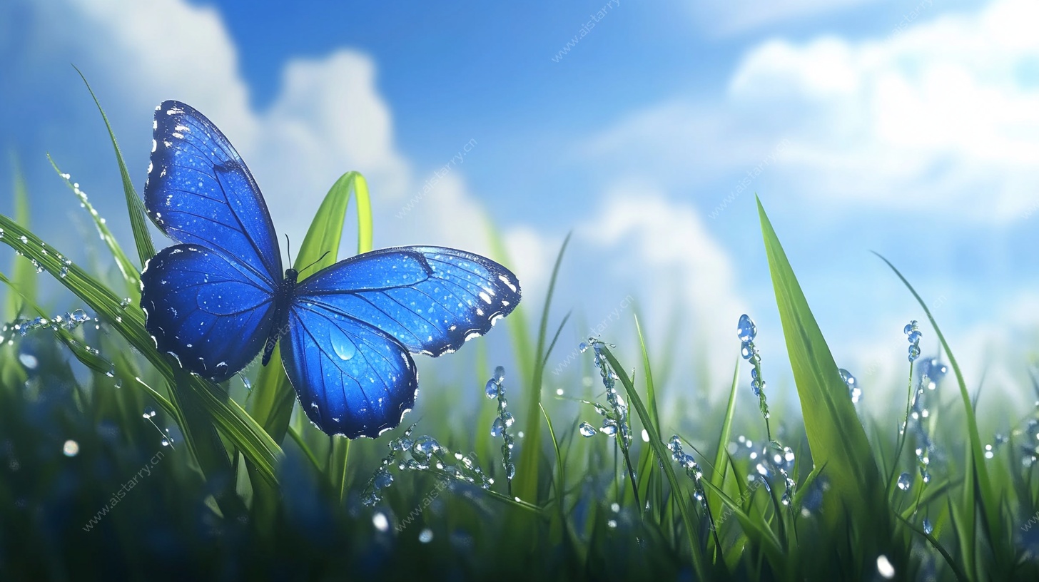 蓝蝶栖绿丛 露珠映天光