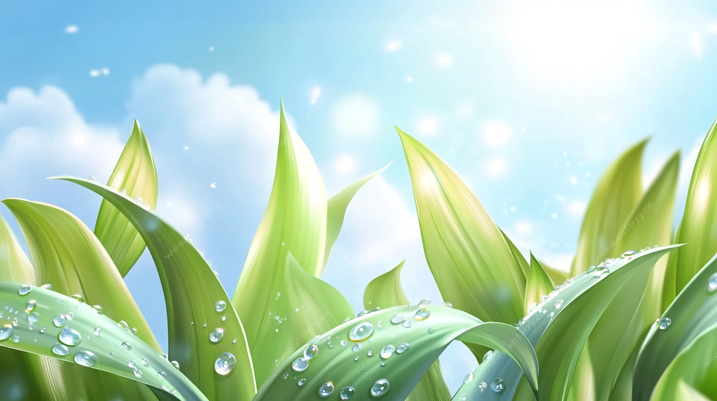 阳光下的带露绿叶