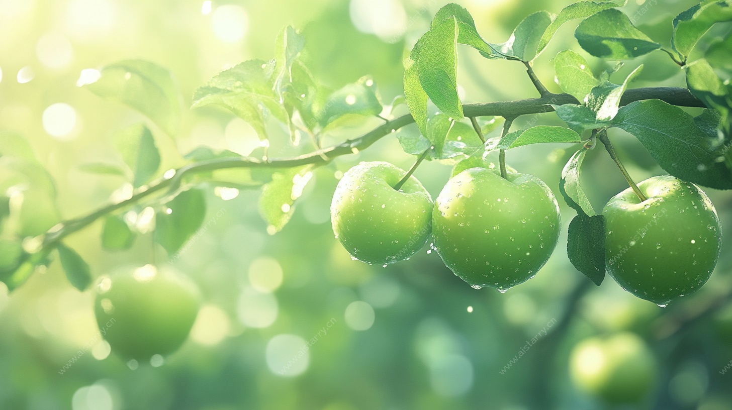 青苹果挂枝头清新画面