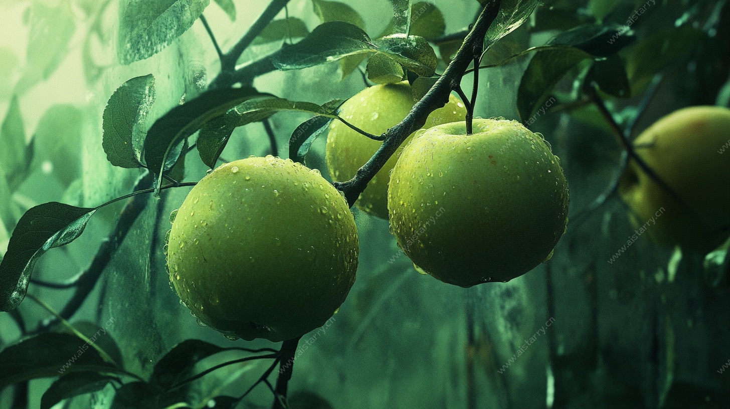 青苹果挂枝头清新景象