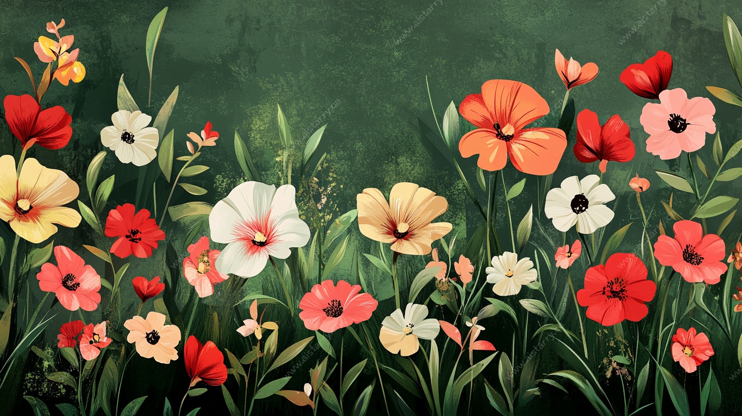 多彩花卉田园风景插画