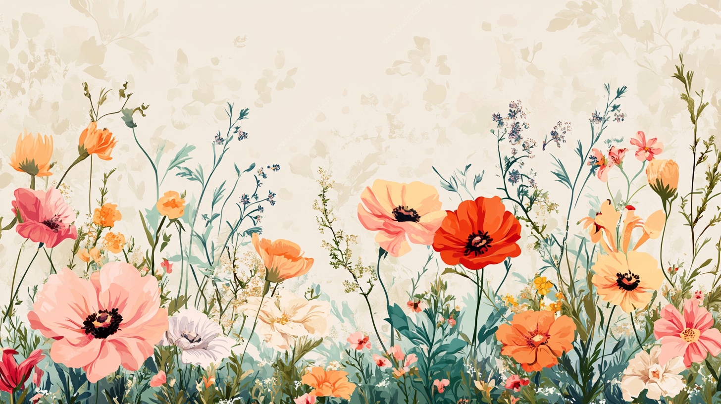 手绘烂漫花卉田园图景