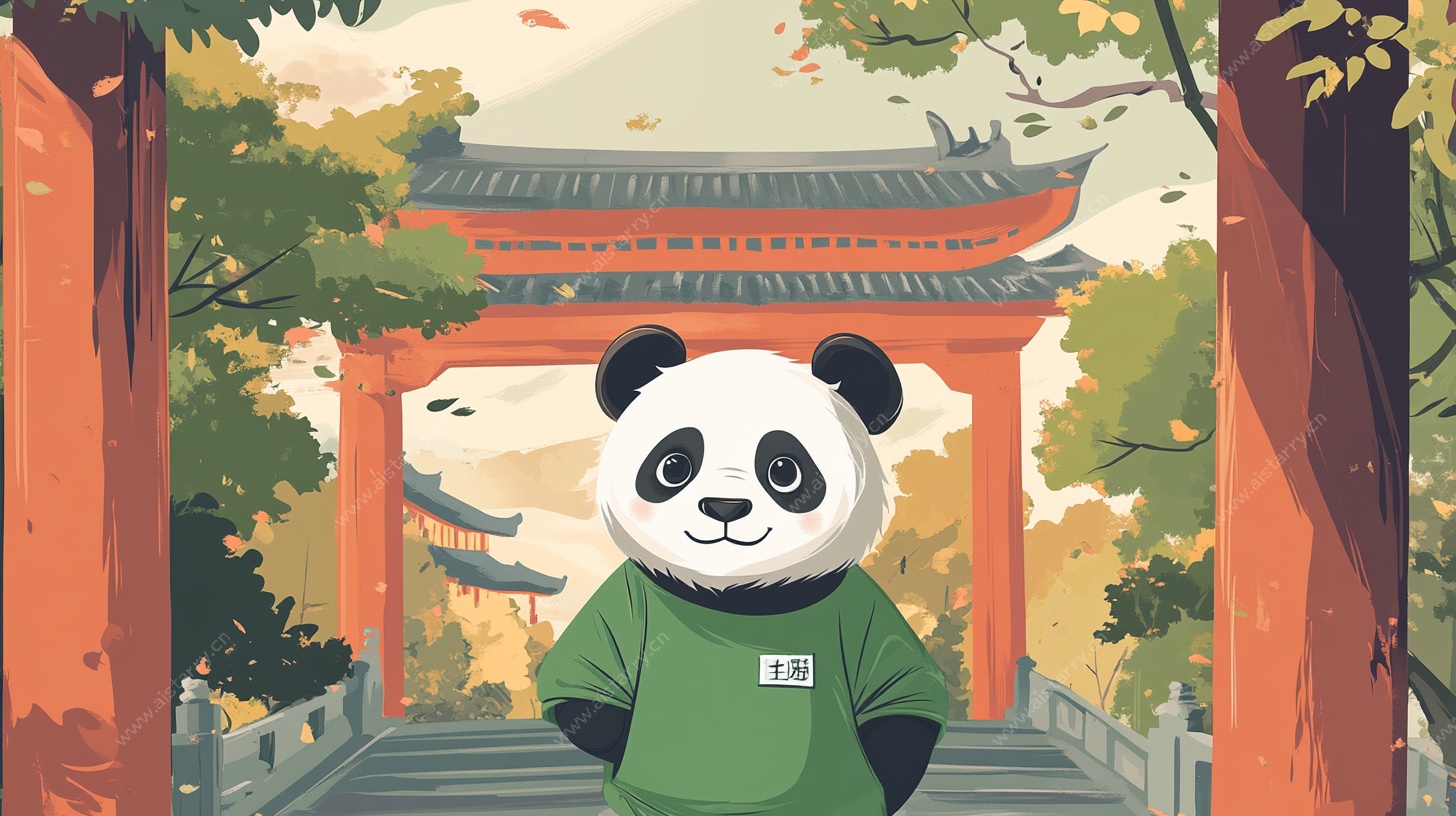 熊猫漫步日式古风场景