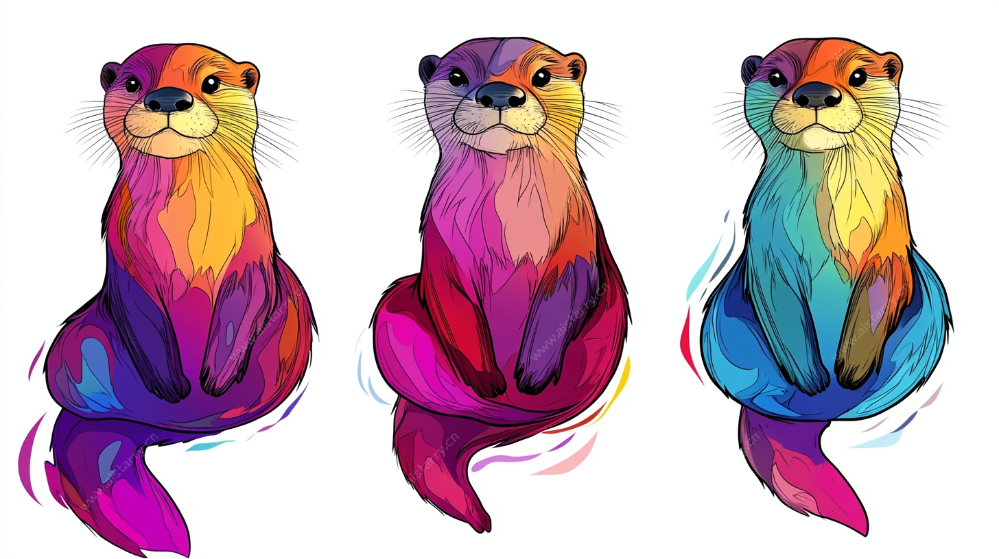 彩色水獭插画三兄弟