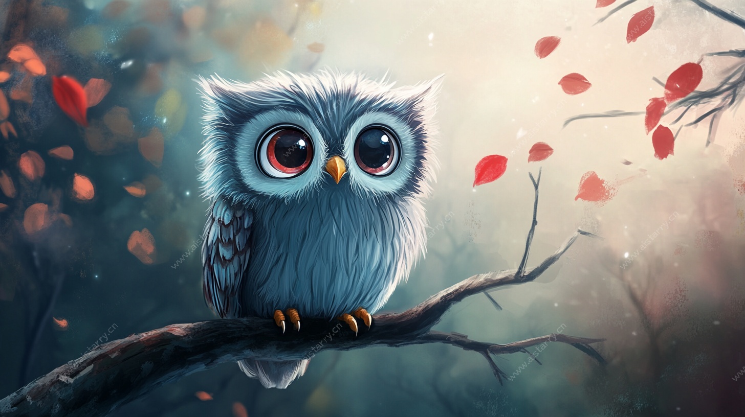 蓝萌猫头鹰栖于秋枝间