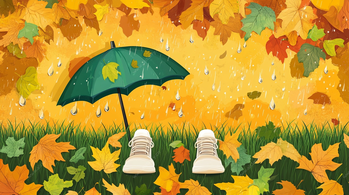 秋日伞下鞋 落叶雨景图