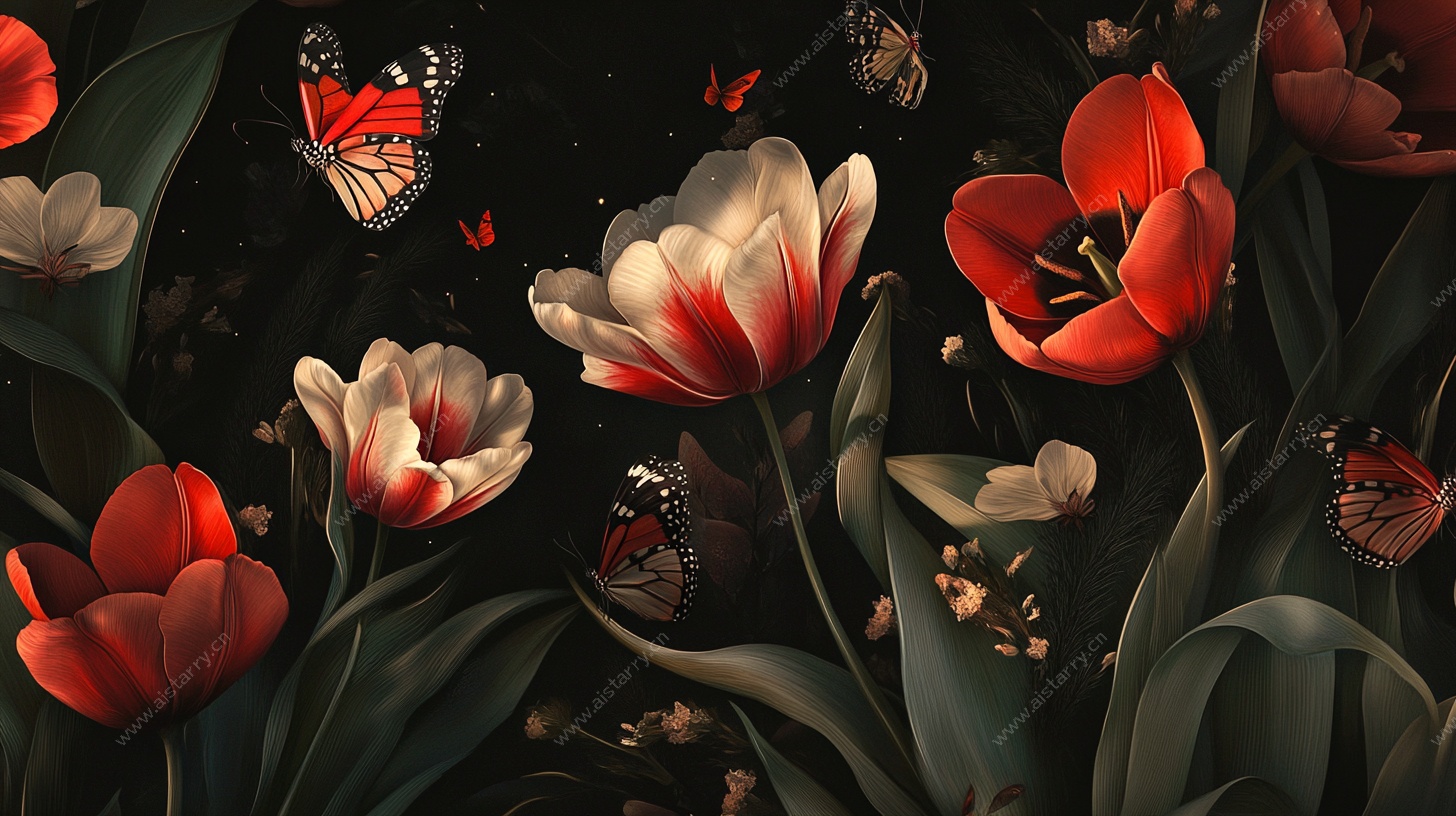 红白花间蝶舞浪漫图景