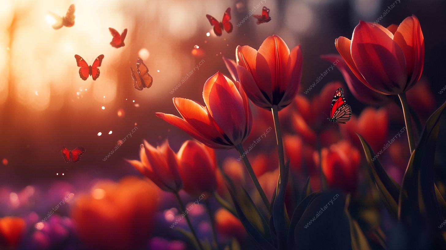 春日郁金香与蝶舞之景