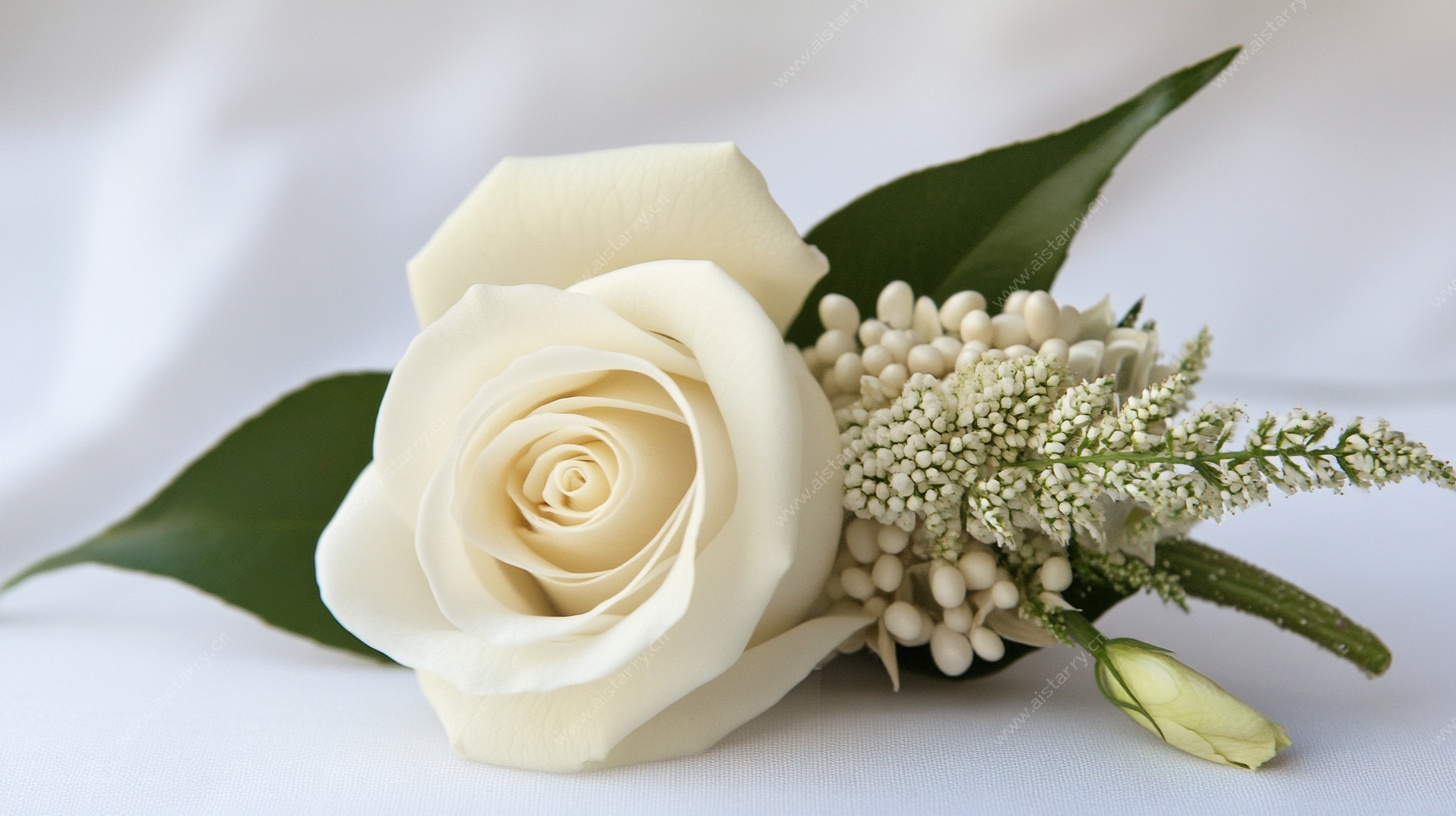 白色玫瑰胸花特写