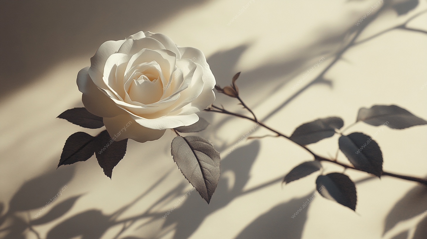 单枝白玫瑰光影特写