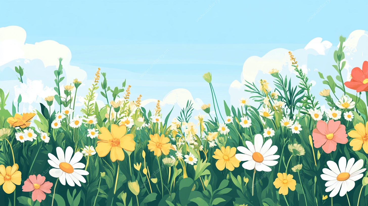 春日繁花烂漫草地插画