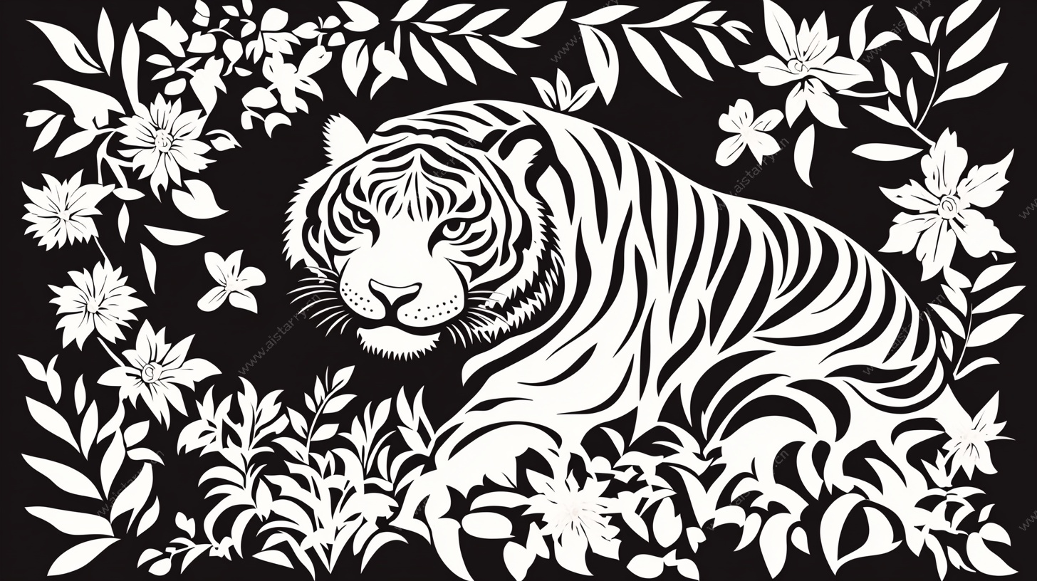 黑白虎影繁花环绕图