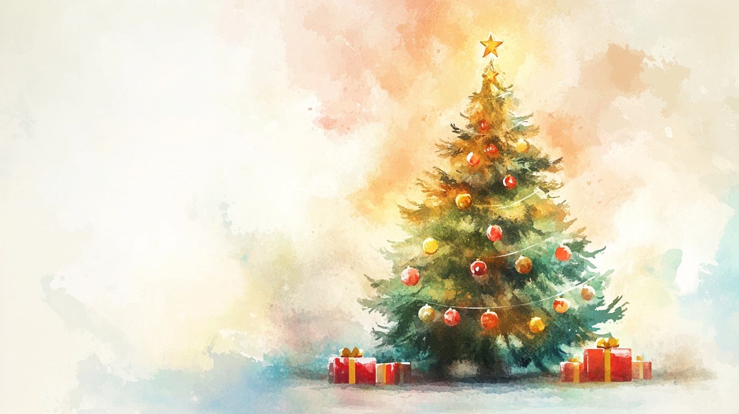 水彩风圣诞树与礼物