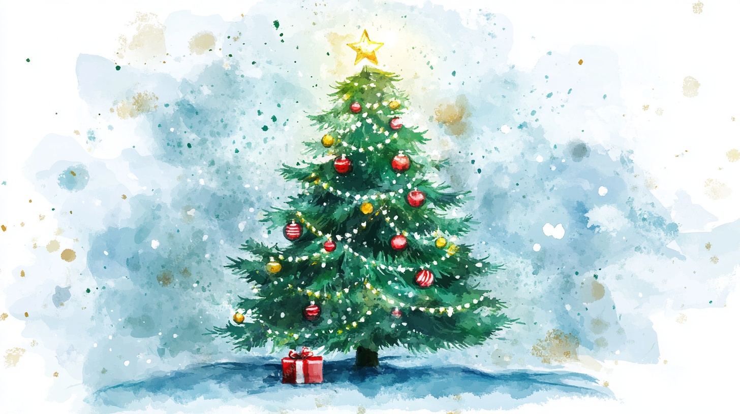 水彩风圣诞树与礼物