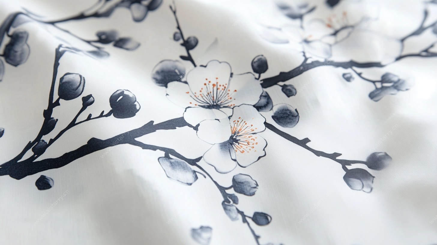 蓝白水墨花卉丝绸布料