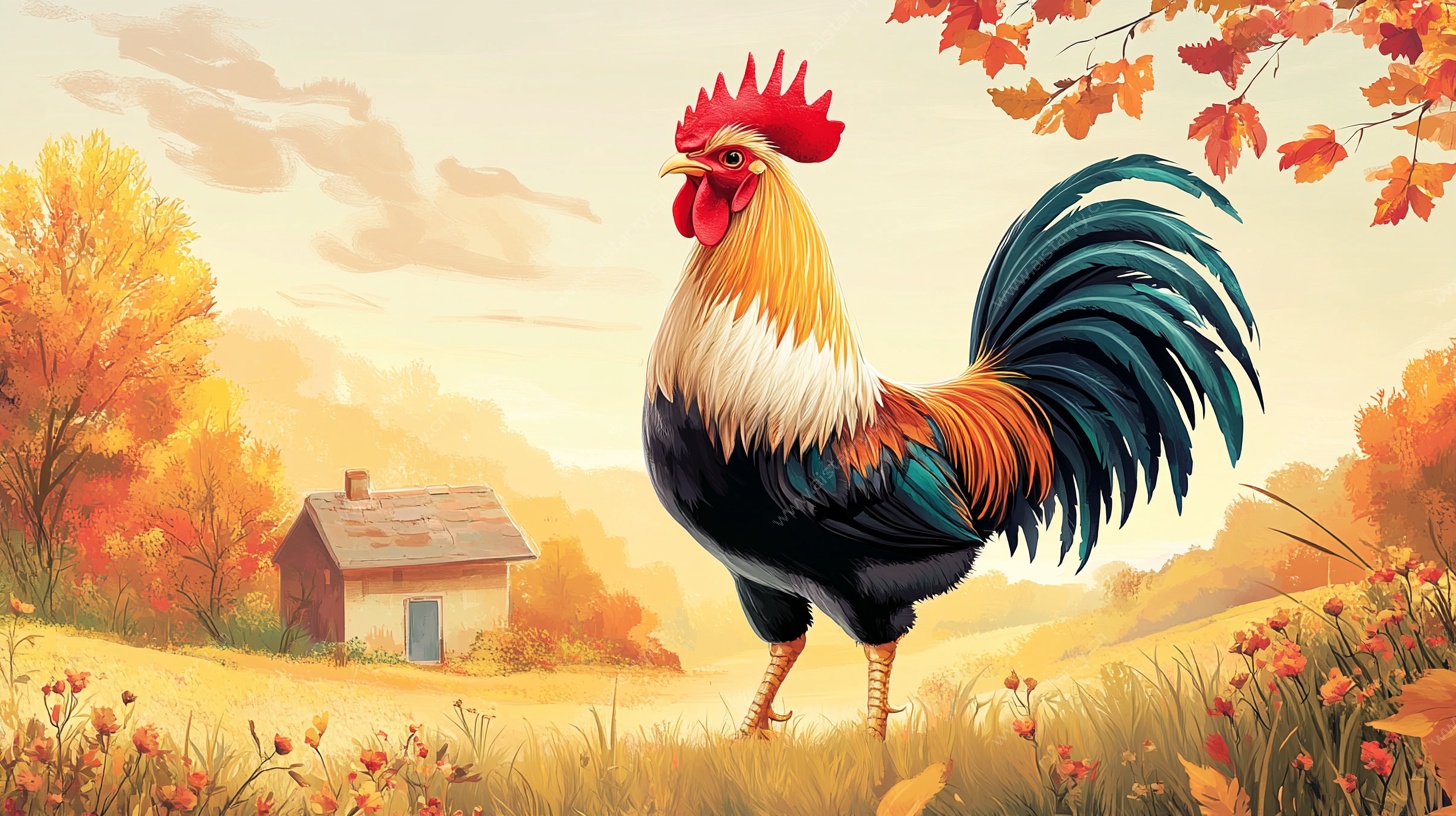 秋日田园中的绚丽公鸡