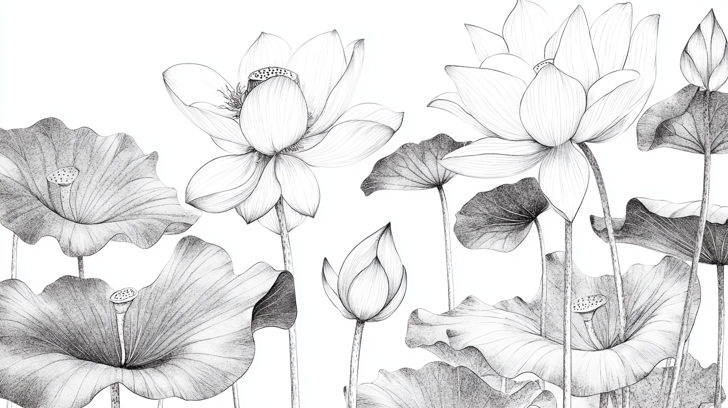 水墨风荷花线描图