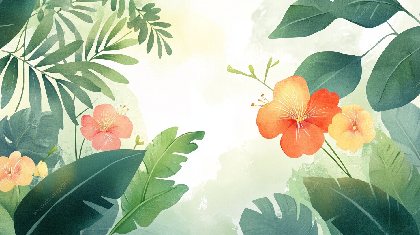 热带花卉绿叶清新插画