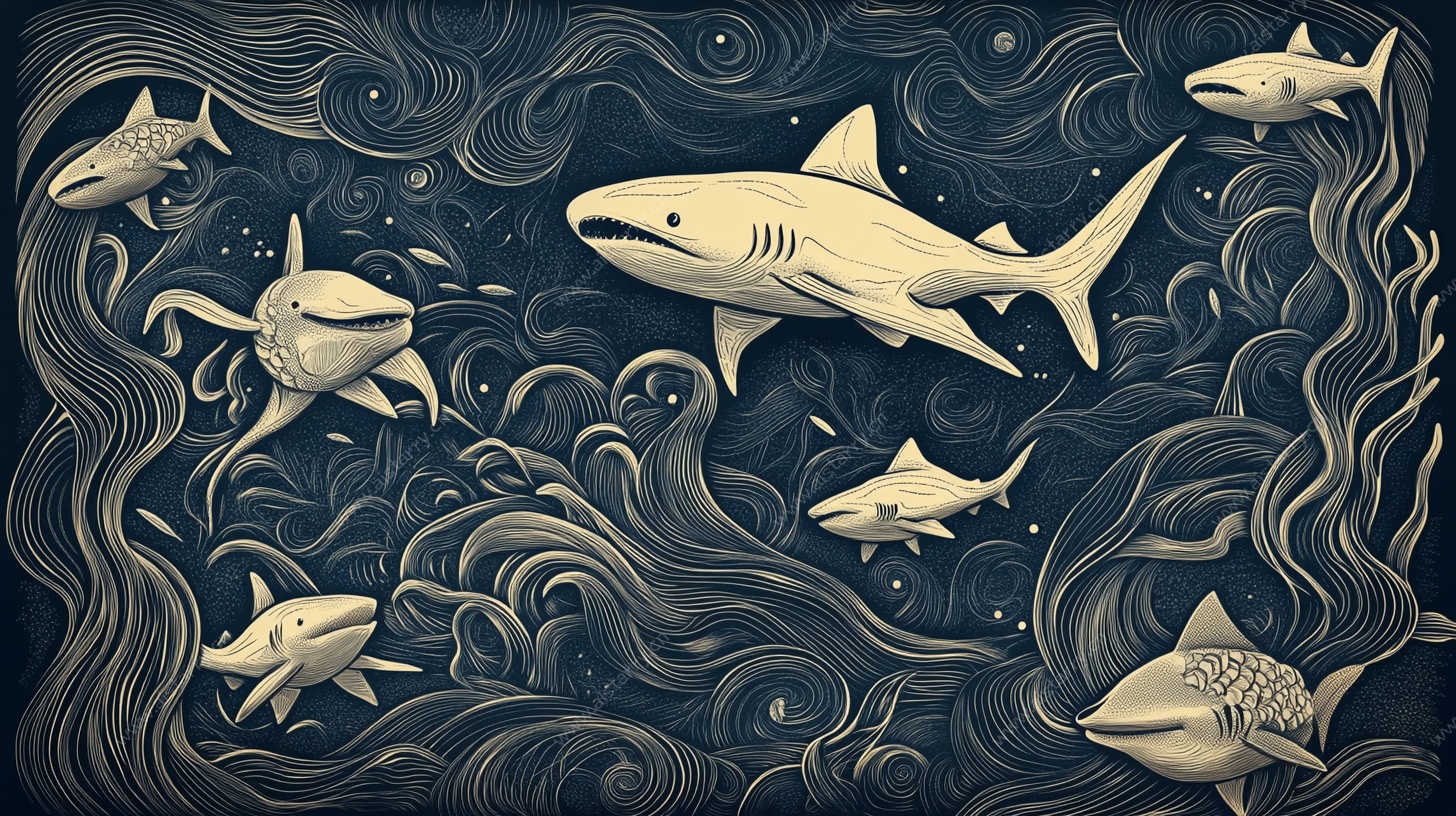 海洋中的鲨鱼群插画