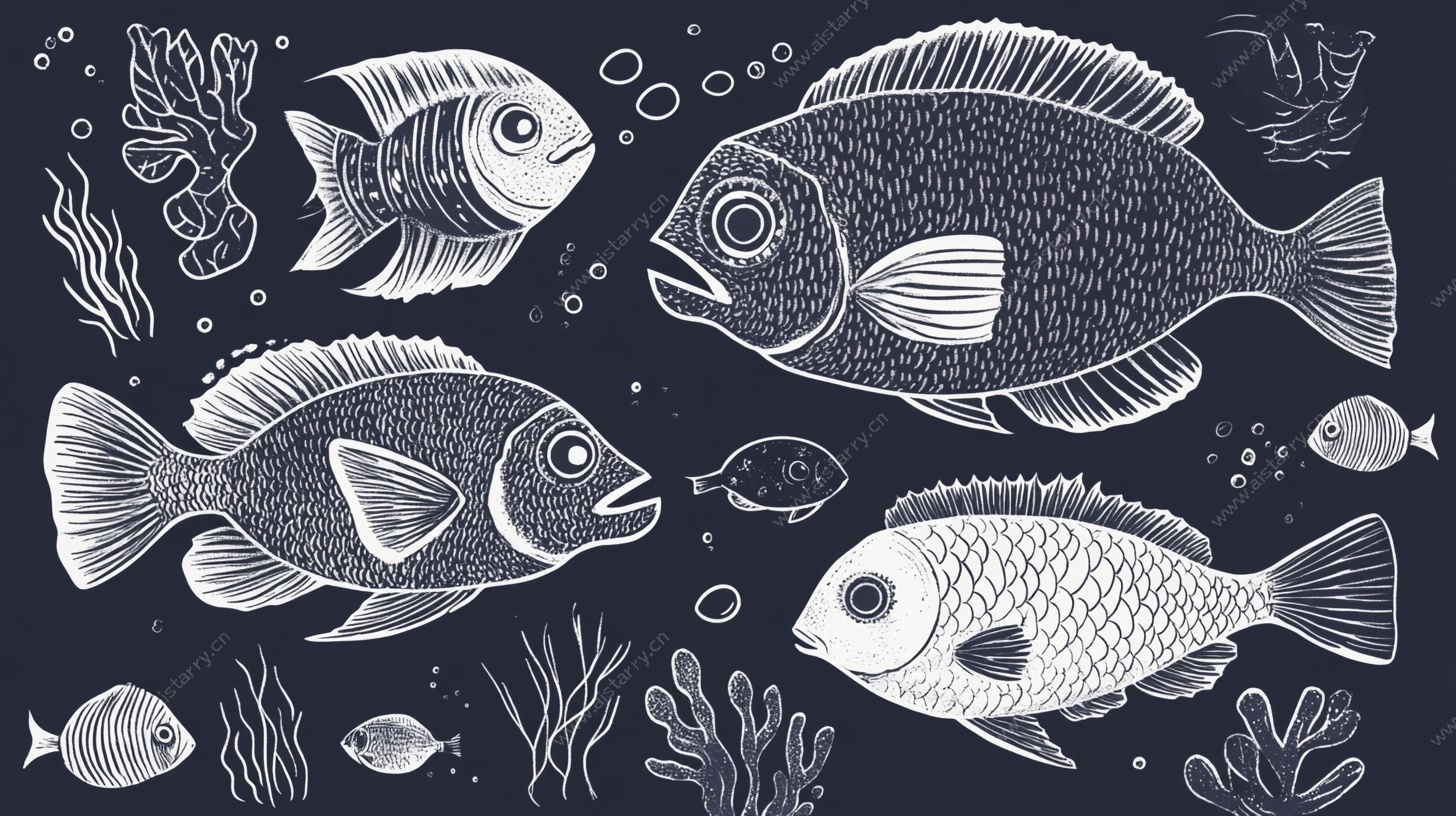 海洋鱼类黑白插画