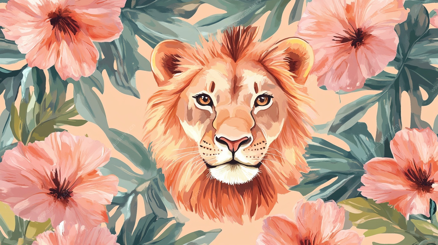狮子与花卉的梦幻组合