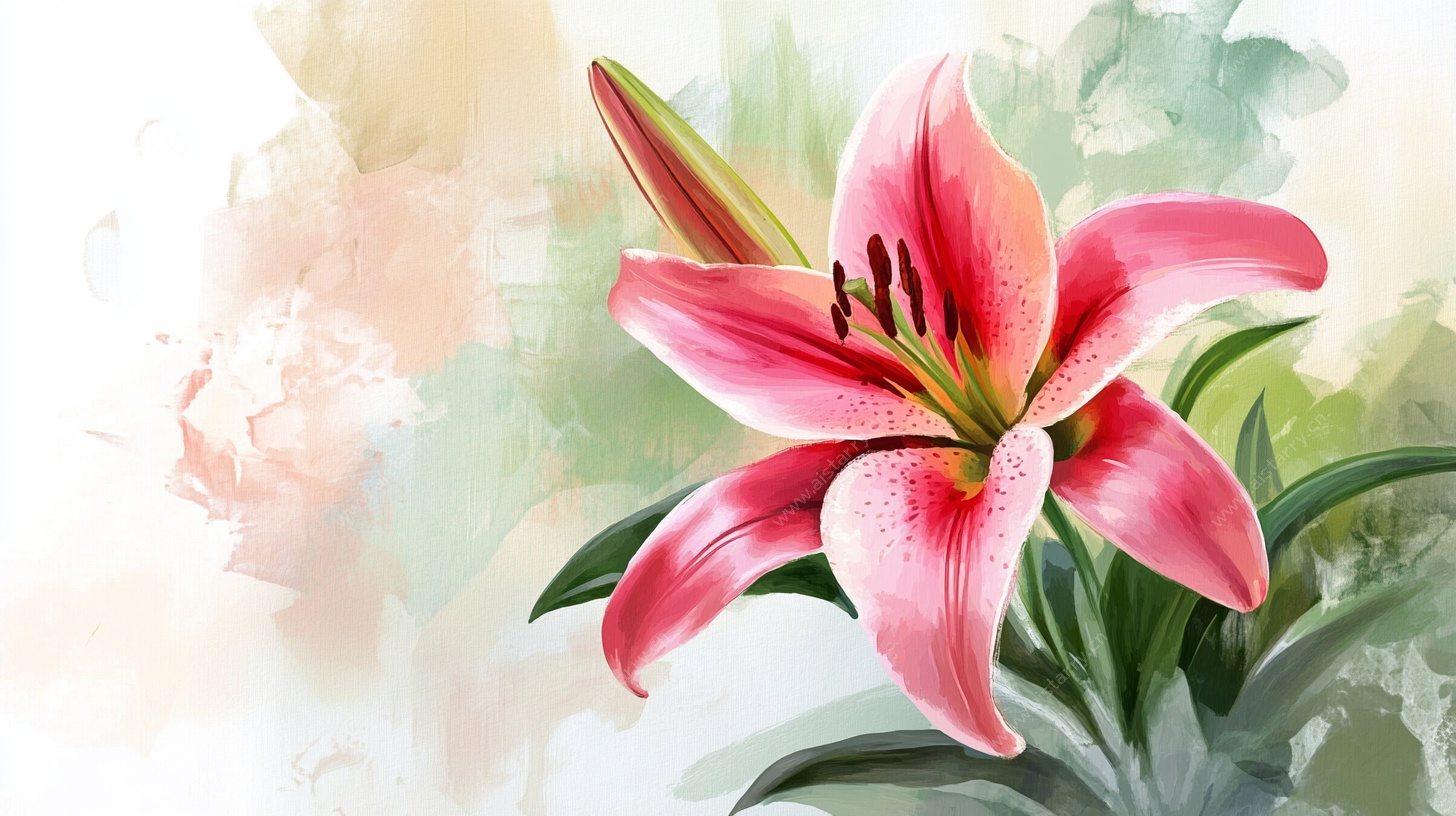 水彩风格粉色百合花插画