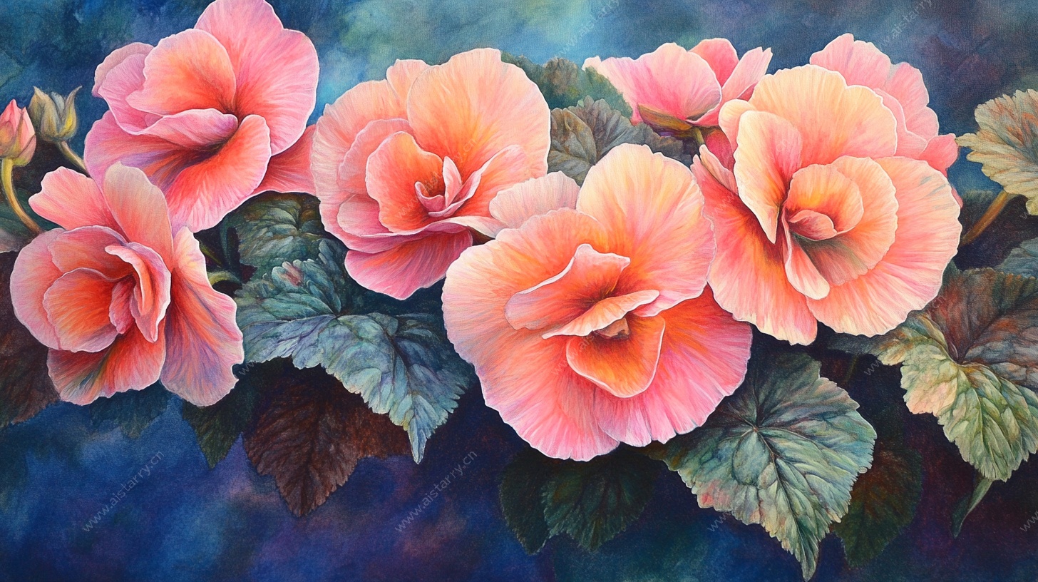 艳丽粉色海棠花卉画作