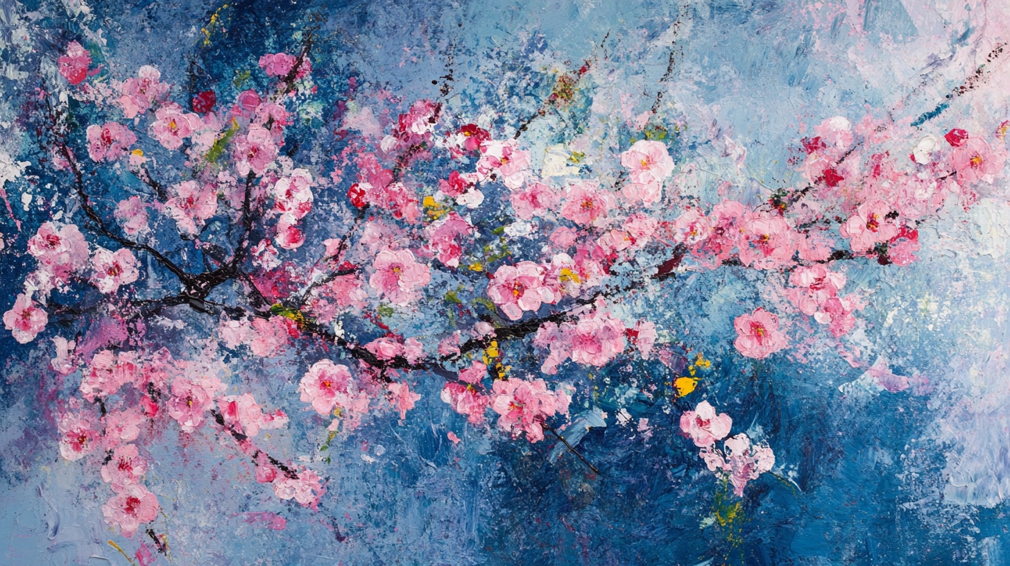 蓝调粉樱梦幻花卉画
