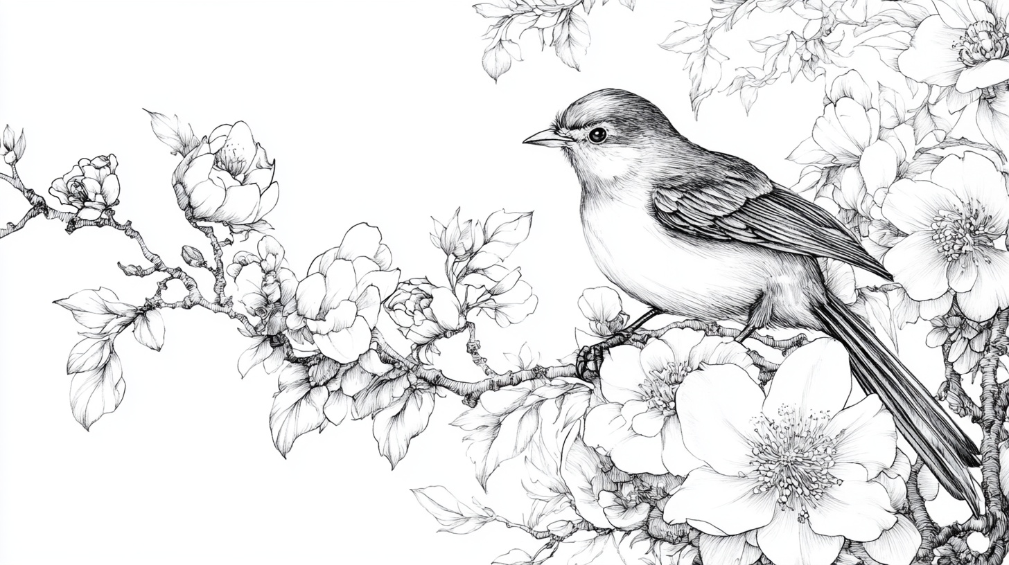 枝头小鸟花卉线描画