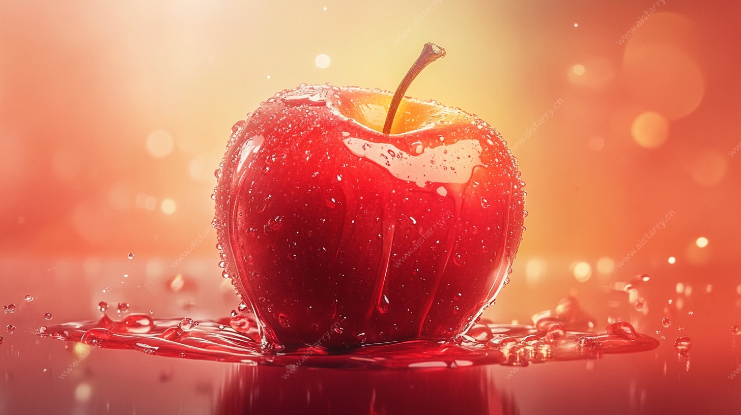 晶莹红苹果与水滴特写