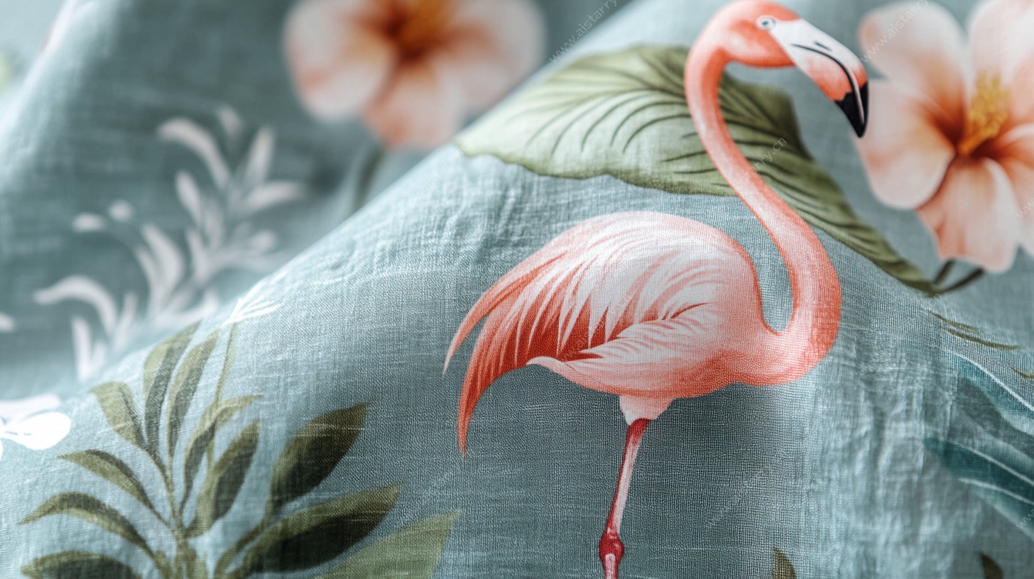 火烈鸟装饰于绿植花卉布面