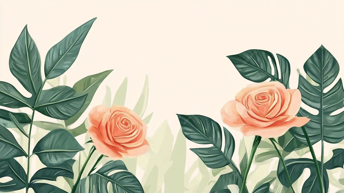 粉色玫瑰与绿叶插画