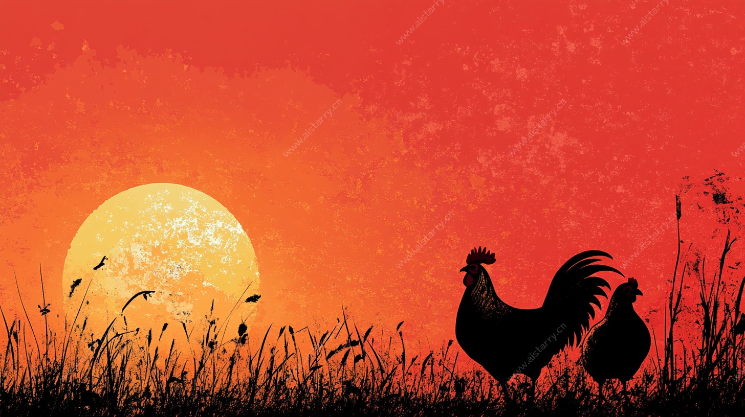 夕阳下的鸡群剪影