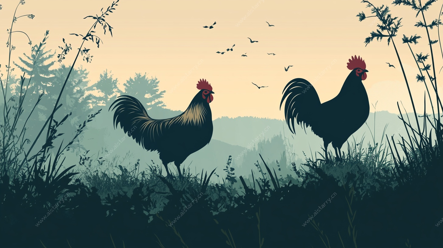田园双雄 晨景中的雄鸡