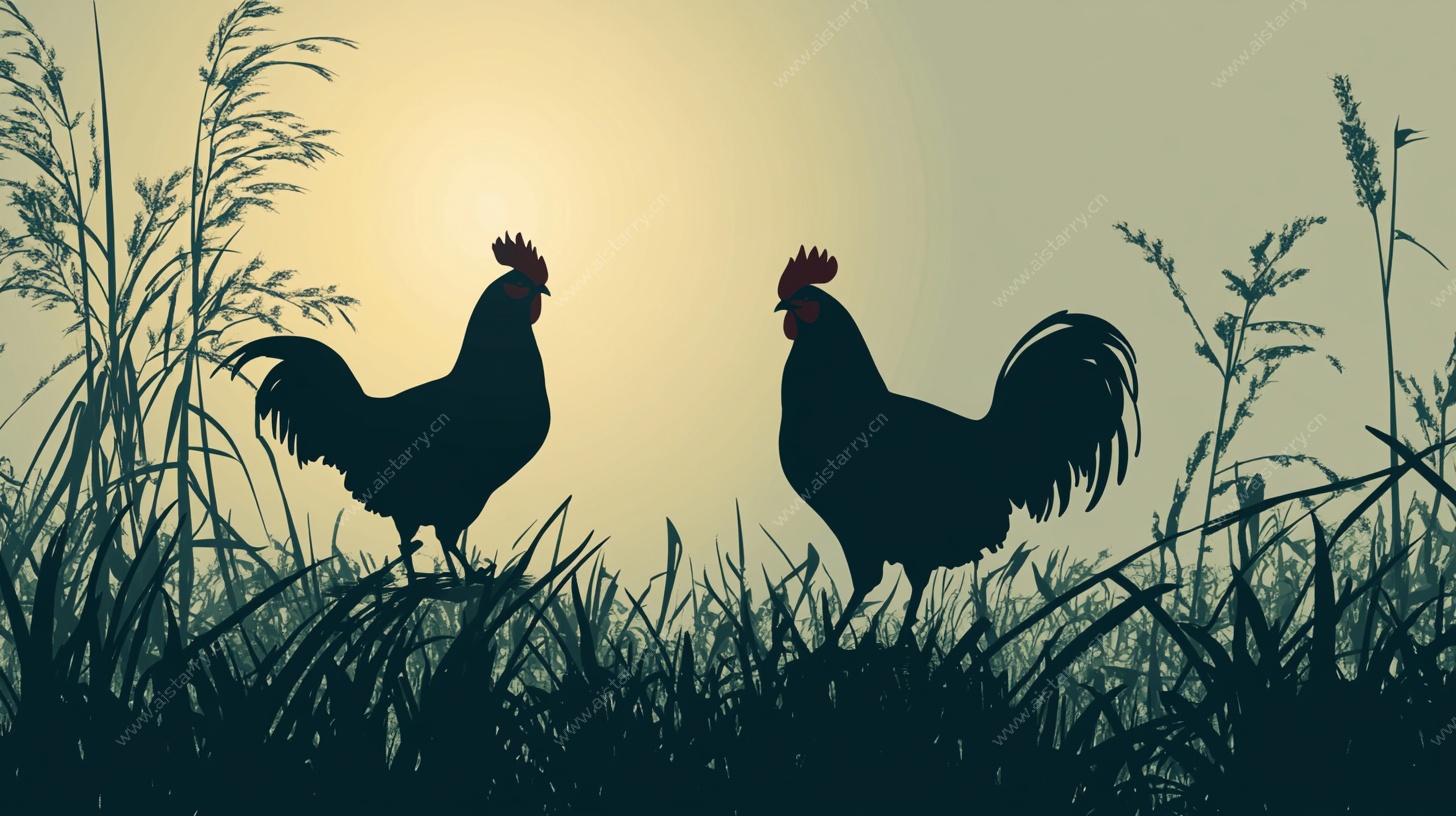 夕阳下的双鸡剪影