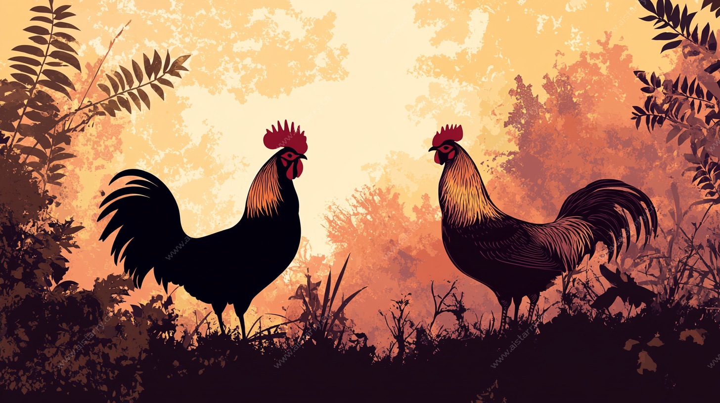 双鸡田园剪影图