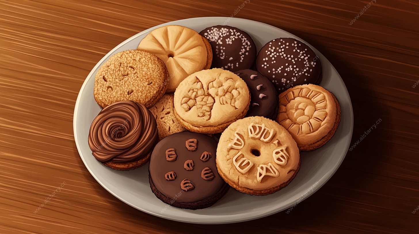 一盘多彩美味的各式饼干