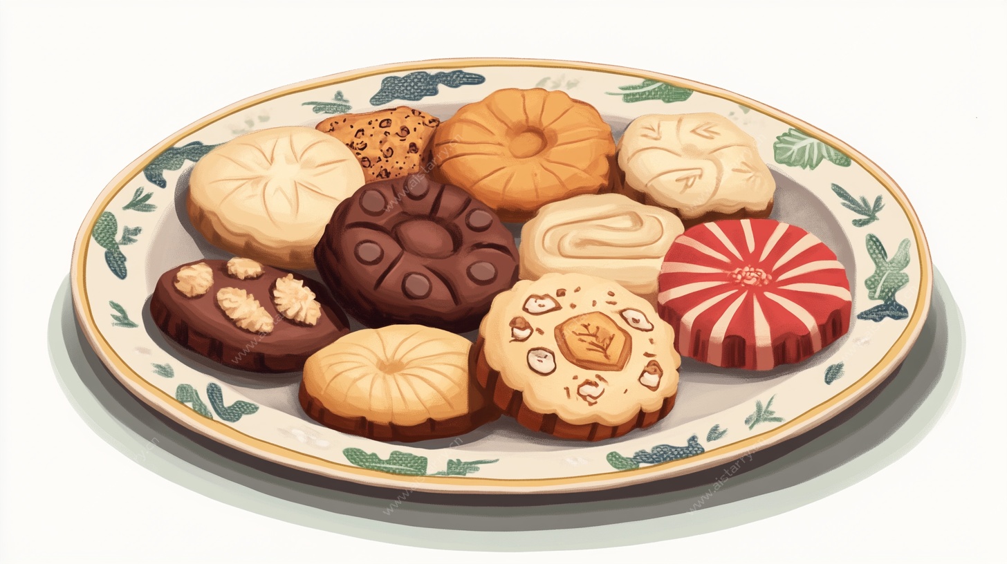 多样饼干摆放在复古盘中