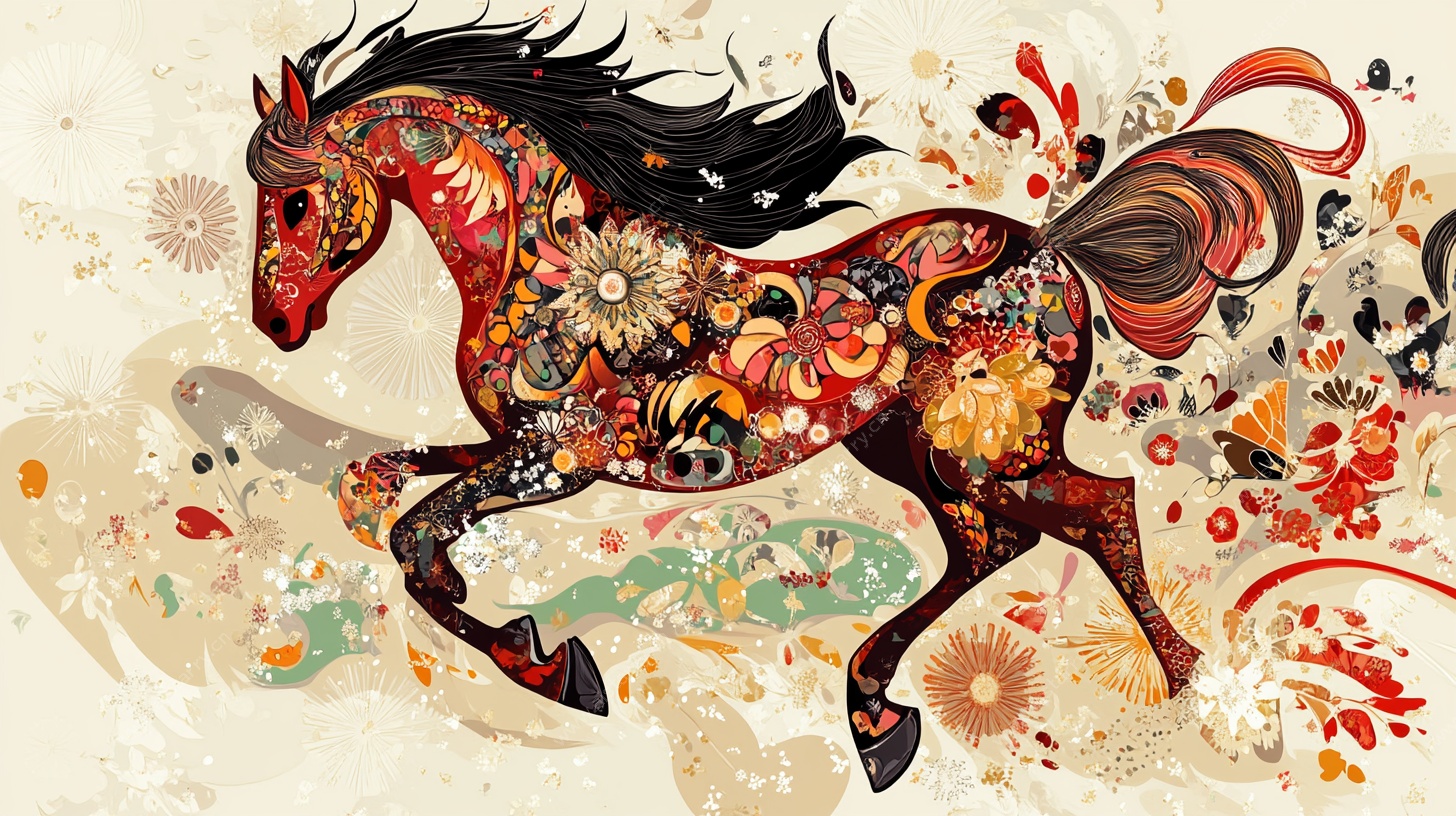 奔跑的繁花骏马插画