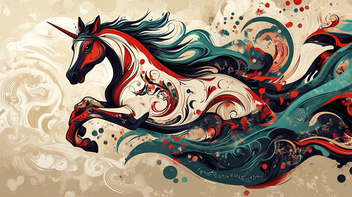 奔腾的奇幻独角兽艺术插画